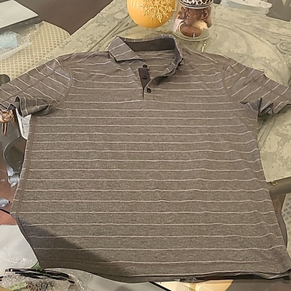 LULULEMON ATHLETICA MEN'S GRAY STRIPPED POLO GOLF SHIRT MEDIUM SIZE